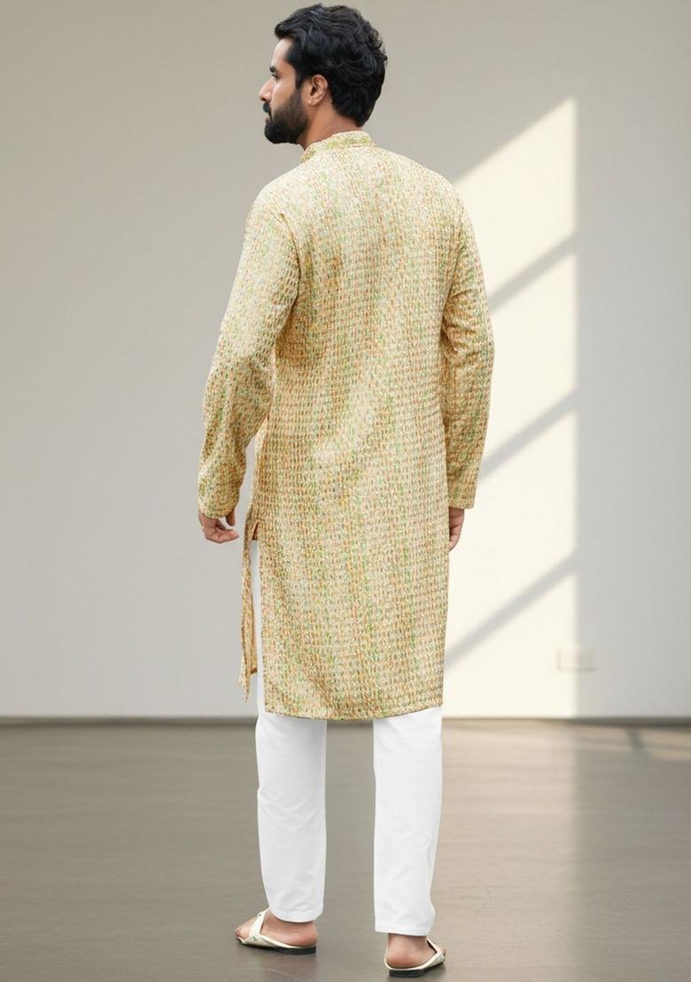 Yellow Printed Cotton Kurta Set For Men - Indya