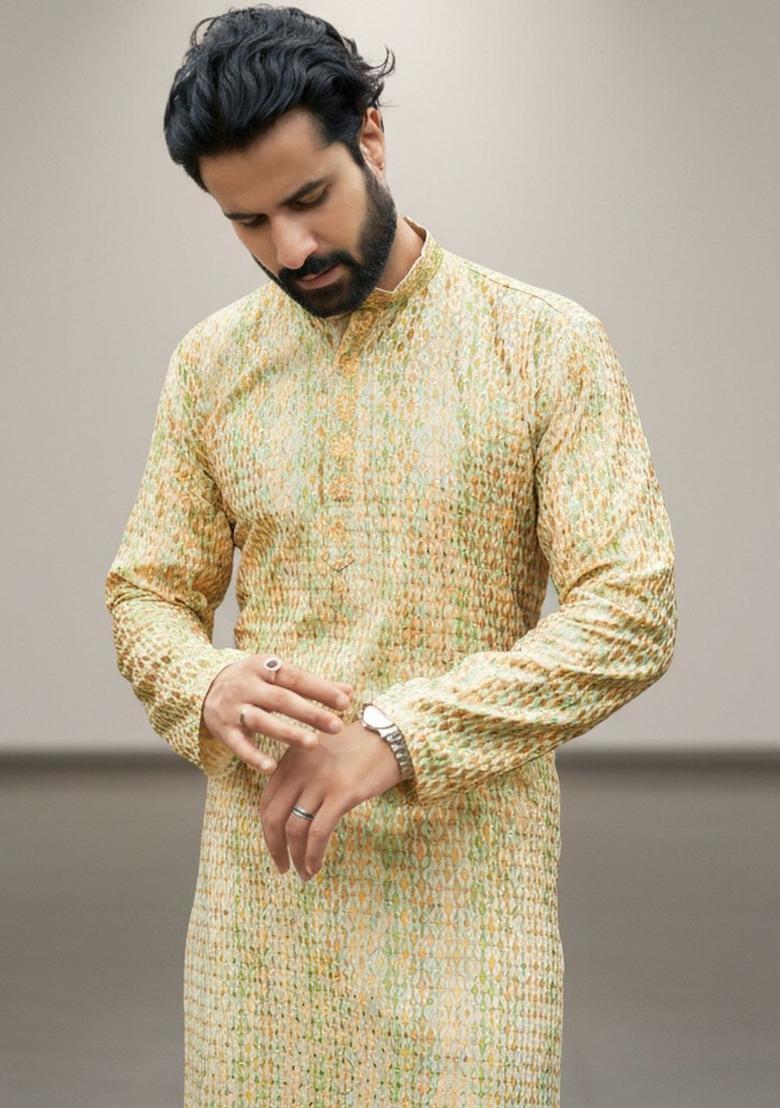 Yellow Printed Cotton Kurta Set For Men - Indya