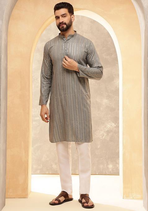 Grey Embroidered Cotton Kurta Set For Men