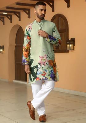 Olive Printed Cotton Kurta Set For Men