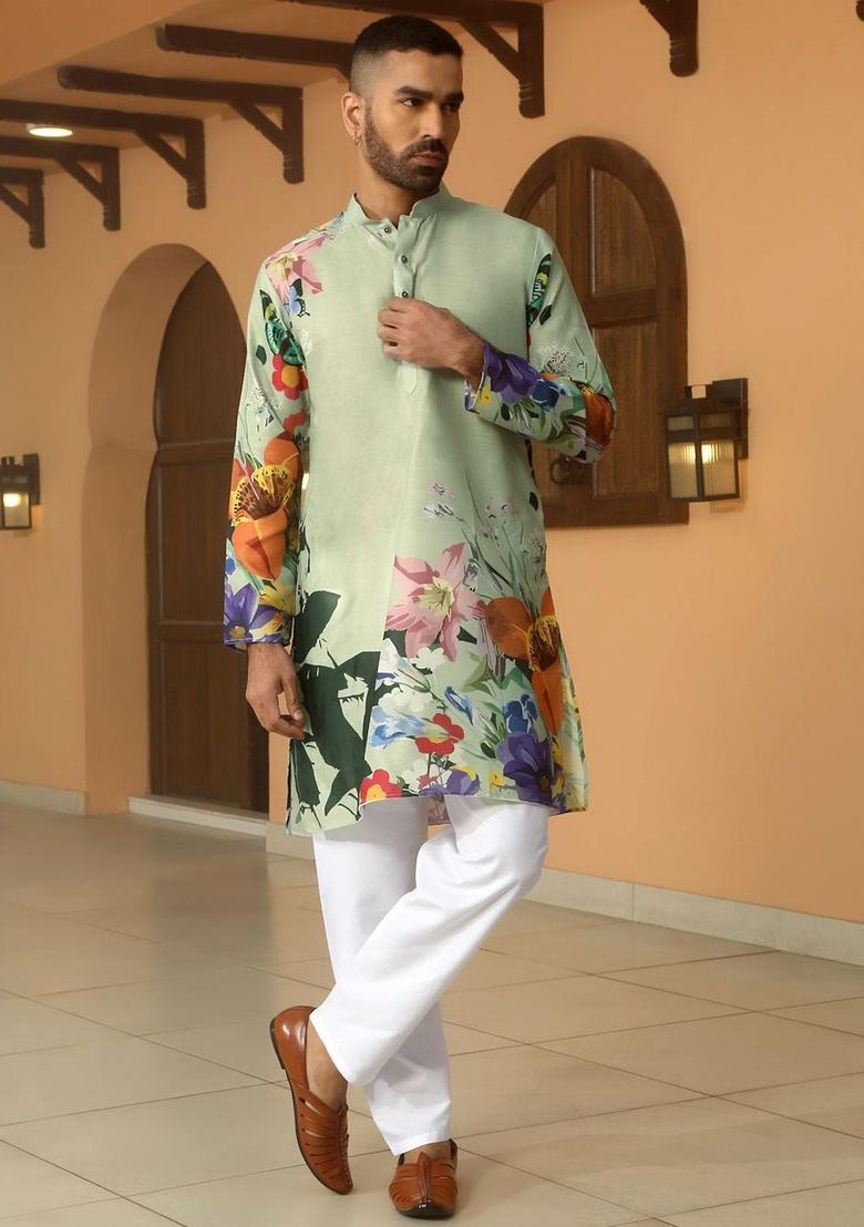 Olive Printed Cotton Kurta Set For Men - Indya