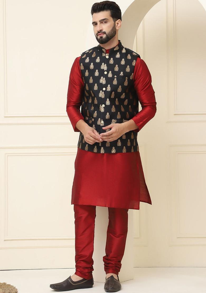Maroon Solid Silk Kurta Set For Men - Indya