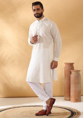 Beige Embroidered Cotton Kurta Set For Men