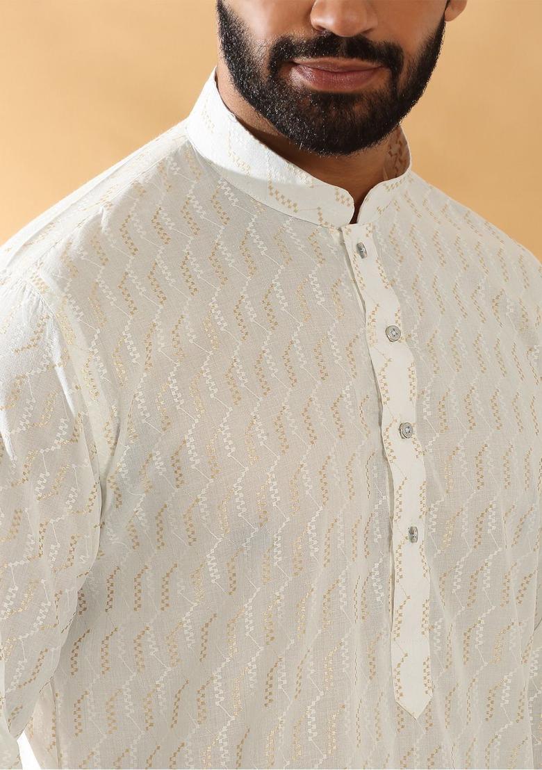 Beige Embroidered Cotton Kurta Set For Men - Indya