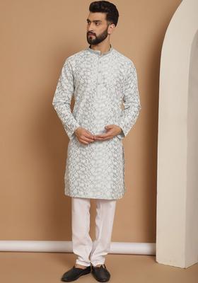 Grey Embroidered Silk Kurta Set For Men