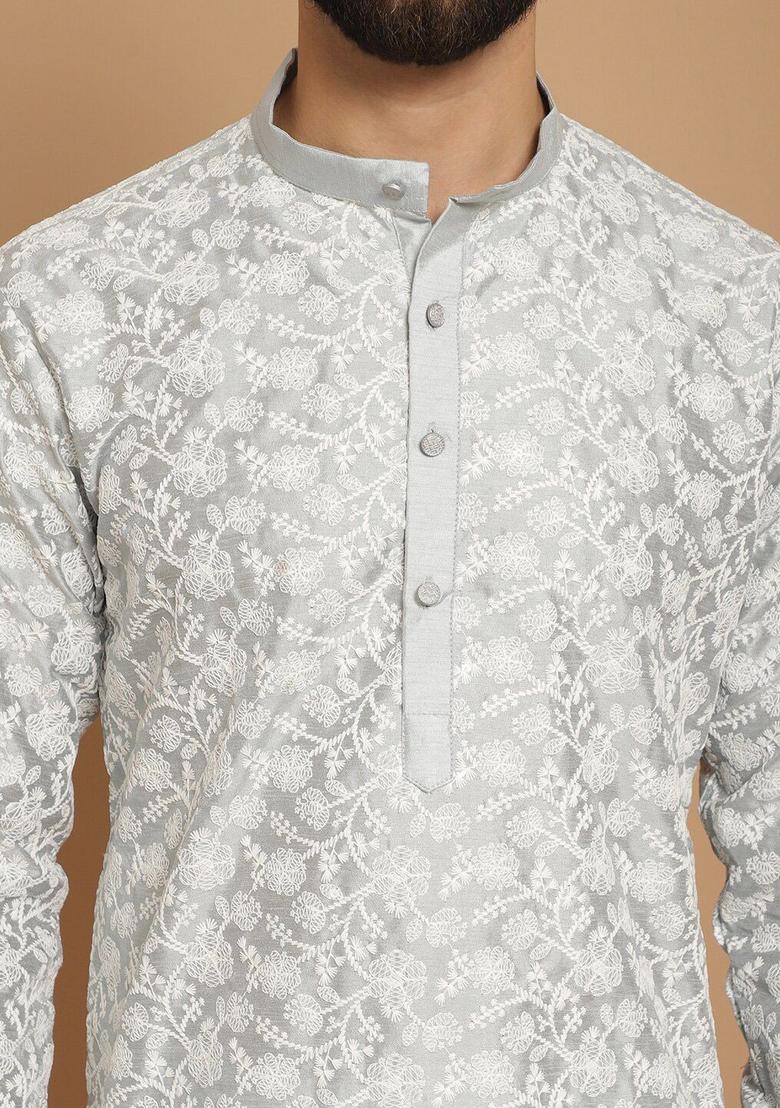 Grey Embroidered Silk Kurta Set For Men - Indya