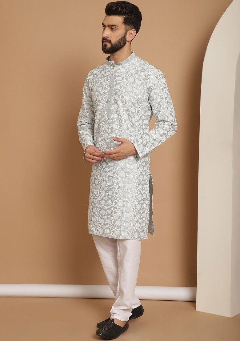 Grey Embroidered Silk Kurta Set For Men - Indya