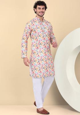 Beige Printed Linen Kurta Set For Men