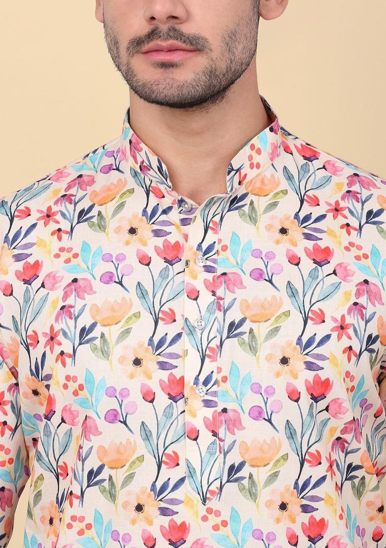 Beige Printed Linen Kurta Set For Men - Indya