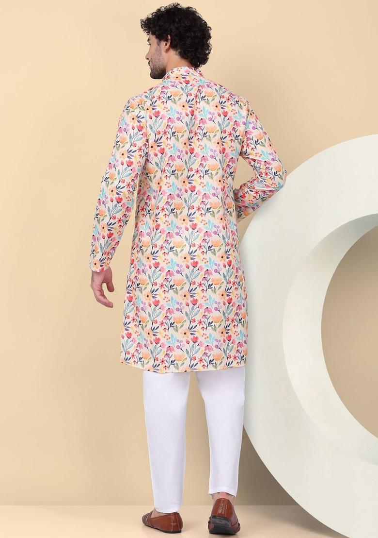 Beige Printed Linen Kurta Set For Men - Indya