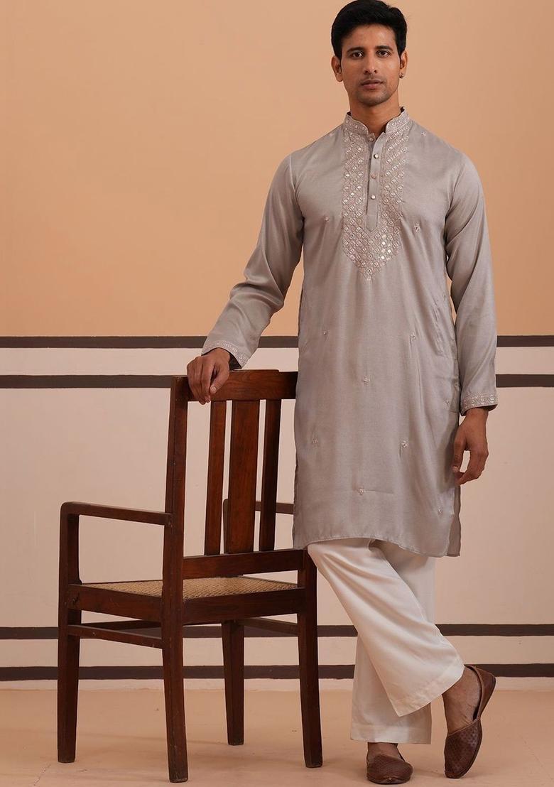 Grey Embroidered Silk Kurta Set For Men - Indya