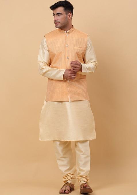 Beige Solid Silk Kurta Set For Men