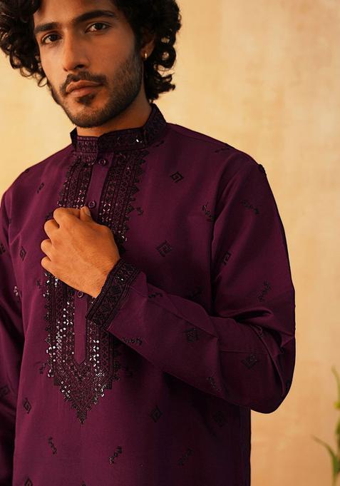 Maroon Embroidered Silk Kurta Set For Men