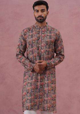 Multi Printed Silk Kurta Set For Men