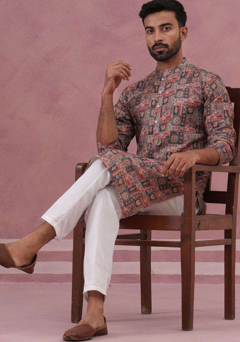 Multi Printed Silk Kurta Set For Men - Indya