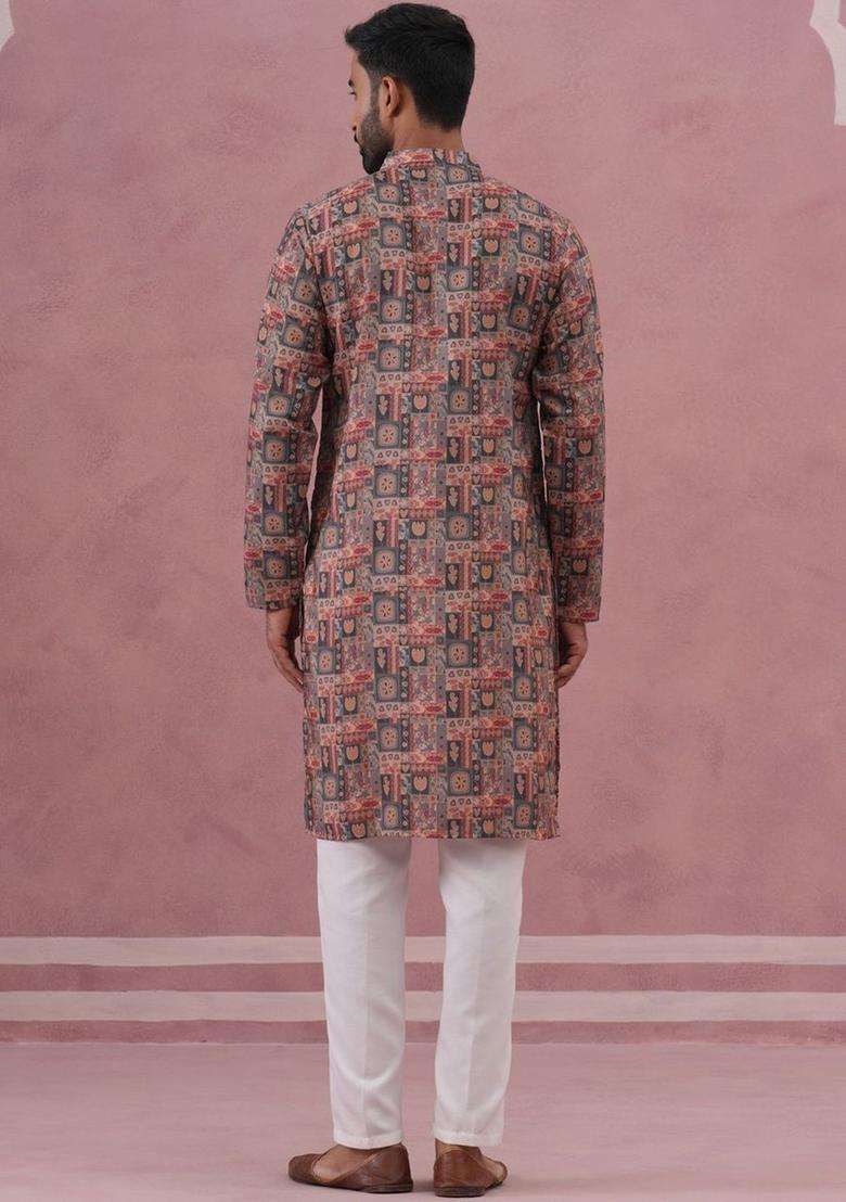 Multi Printed Silk Kurta Set For Men - Indya