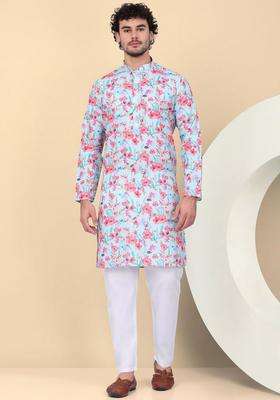 Blue Printed Linen Kurta Set For Men