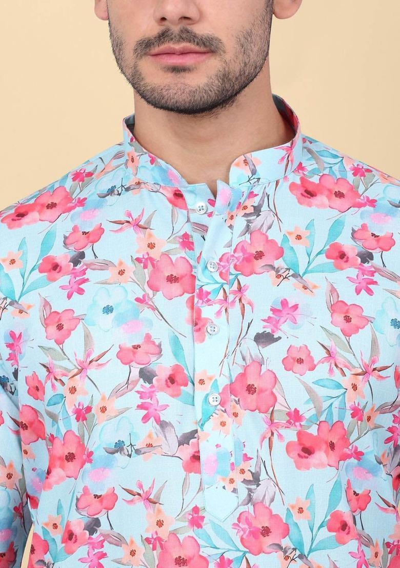 Blue Printed Linen Kurta Set For Men - Indya