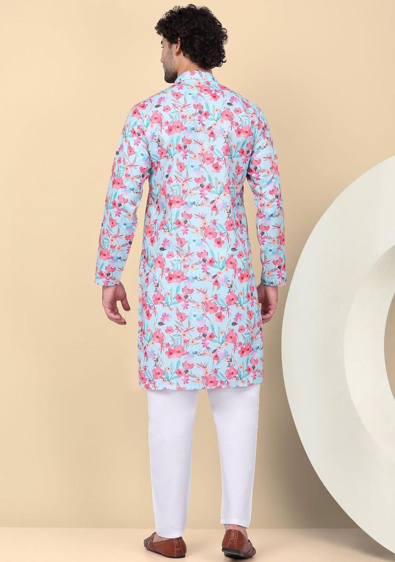 Blue Printed Linen Kurta Set For Men - Indya