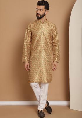 Yellow Printed Silk Kurta Set For Men