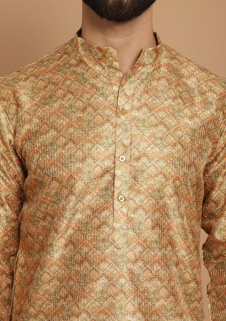 Yellow Printed Silk Kurta Set For Men - Indya