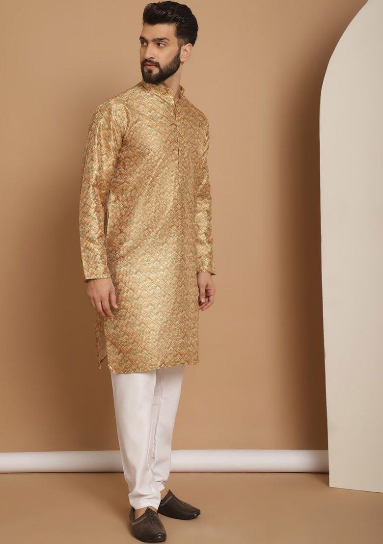 Yellow Printed Silk Kurta Set For Men - Indya