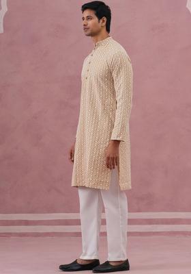Beige Embroidered Cotton Kurta Set For Men