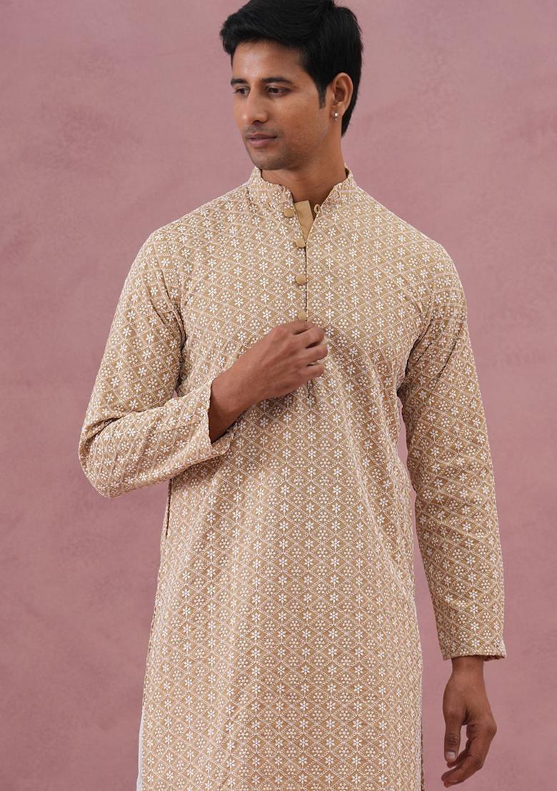 Beige Embroidered Cotton Kurta Set For Men - Indya