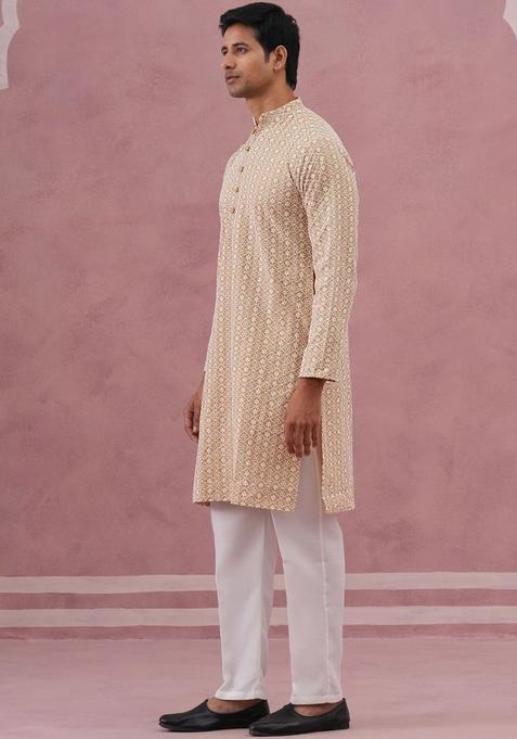 Beige Embroidered Cotton Kurta Set For Men