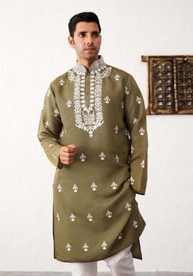 Olive Embroidered Silk Kurta Set For Men