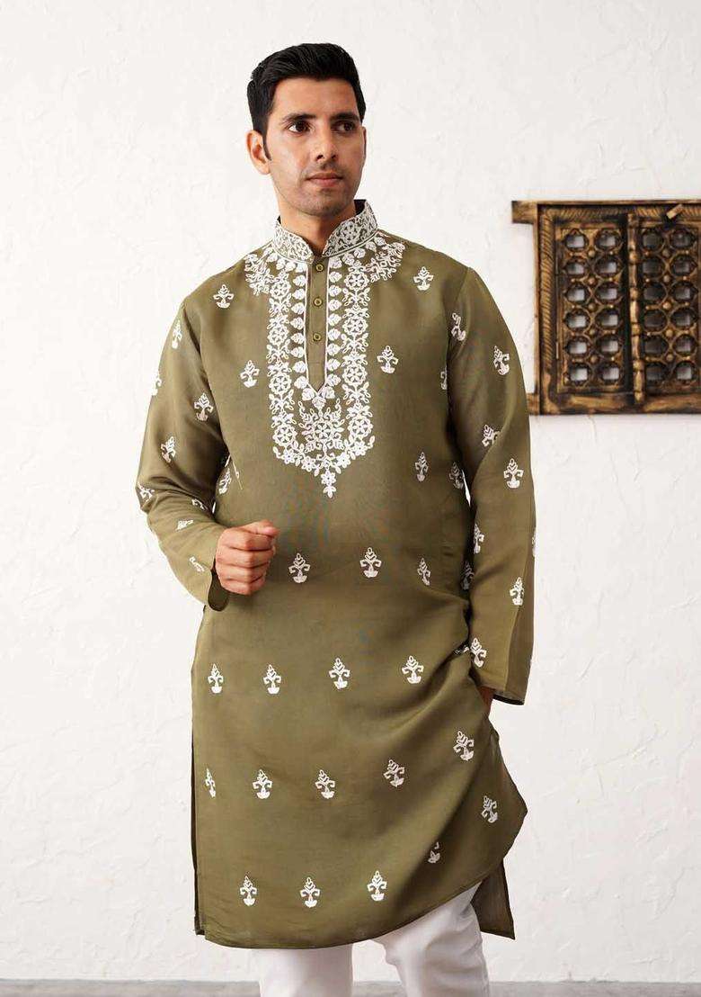 Olive Embroidered Silk Blend Kurta Set For Men - Indya