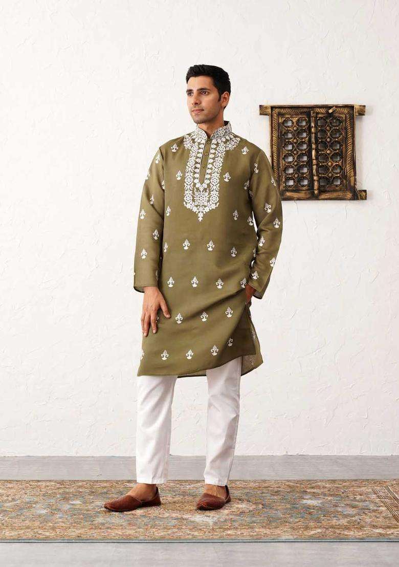 Olive Embroidered Silk Blend Kurta Set For Men - Indya
