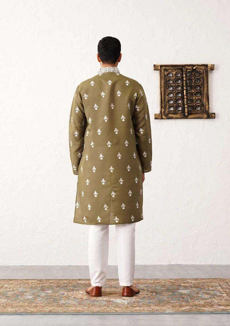 Olive Embroidered Silk Blend Kurta Set For Men - Indya