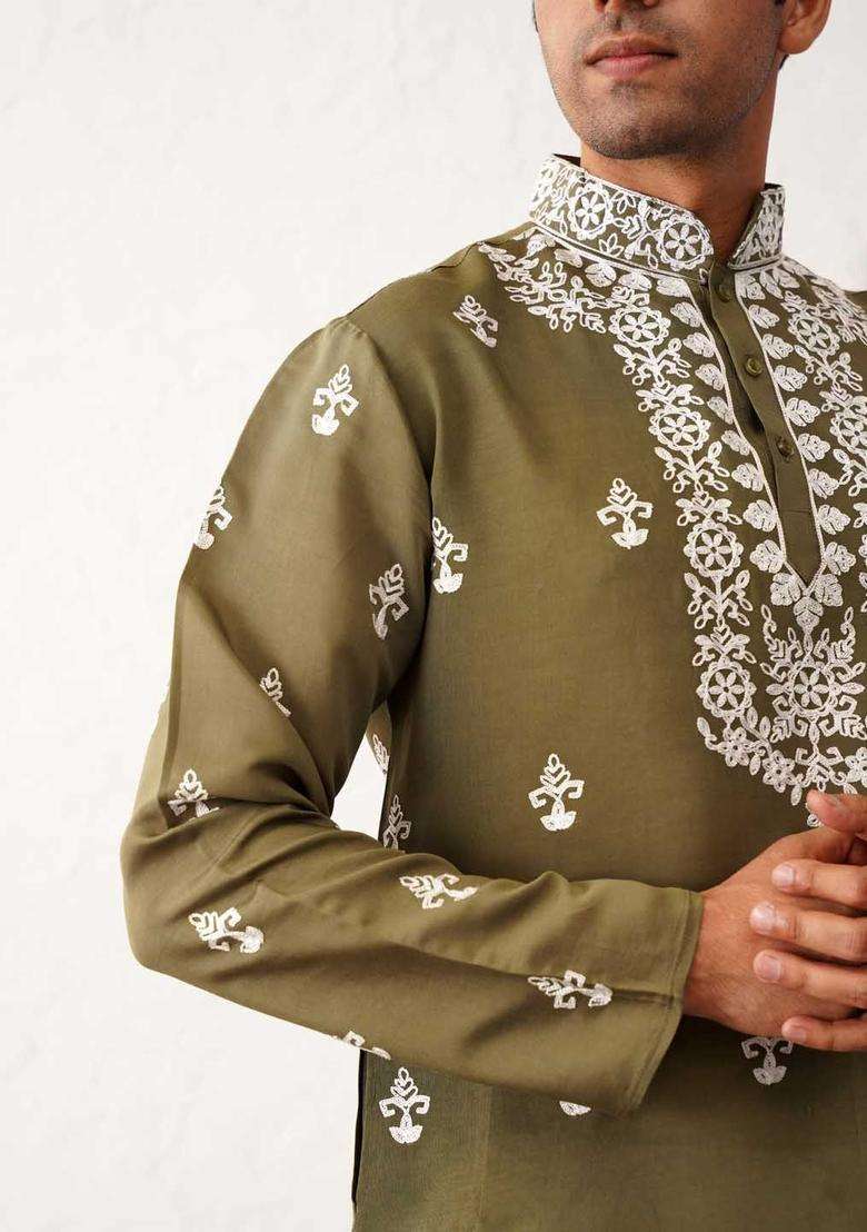 Olive Embroidered Silk Blend Kurta Set For Men - Indya