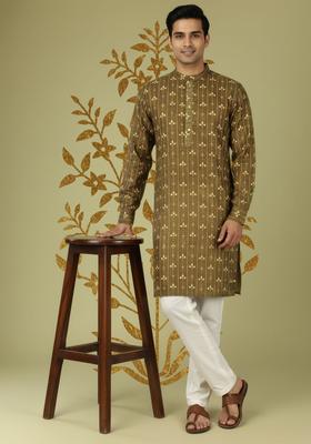 Green Printed Polyester Kurta Set For Men