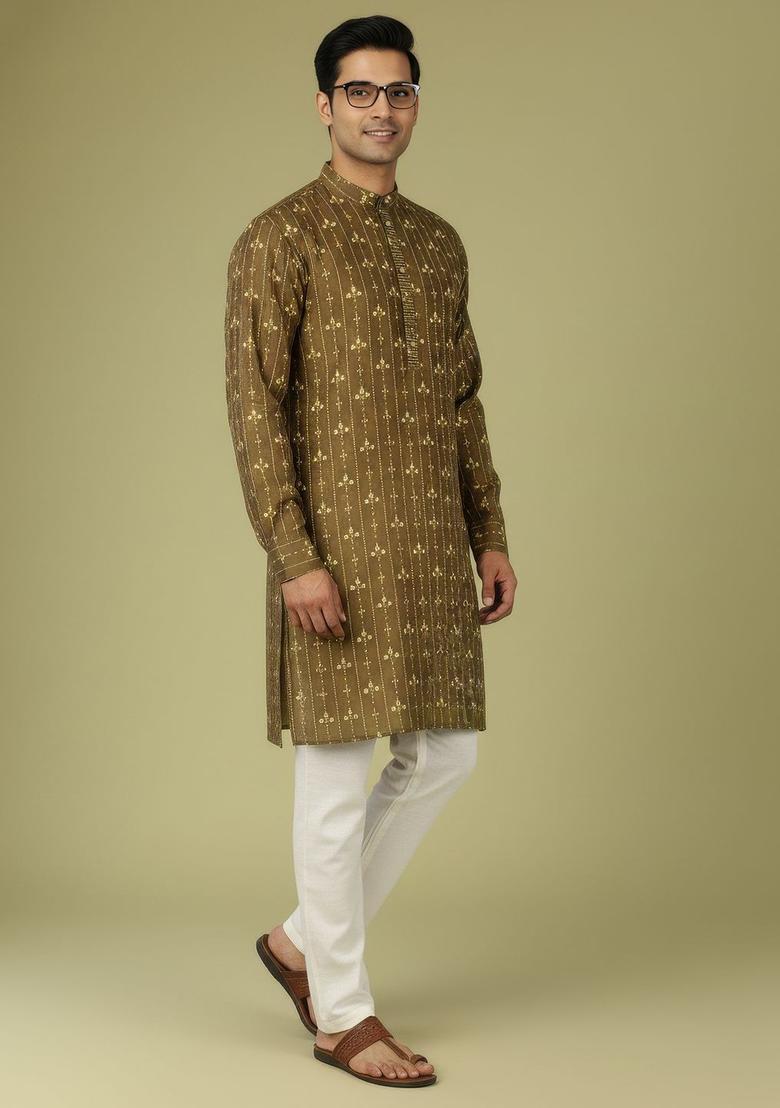 Green Printed Polyester Kurta Set For Men - Indya