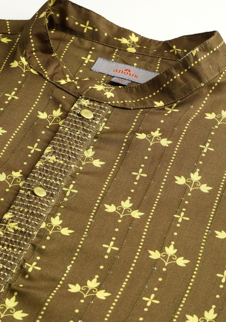 Green Printed Polyester Kurta Set For Men - Indya
