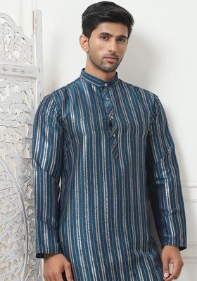 Blue Striped Cotton Kurta Set For Men