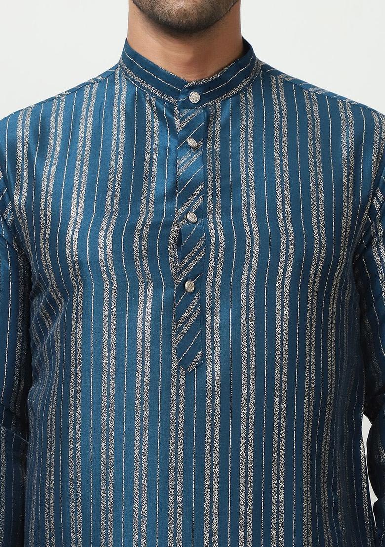 Blue Striped Cotton Kurta Set For Men - Indya