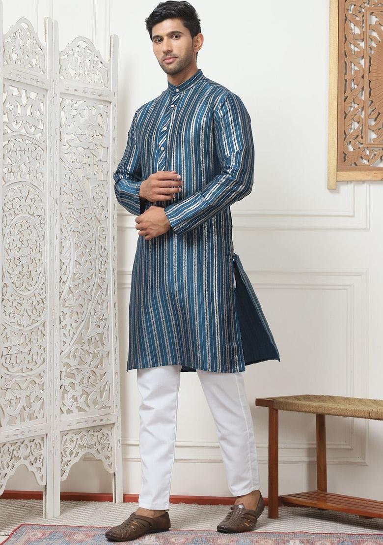 Blue Striped Cotton Kurta Set For Men - Indya