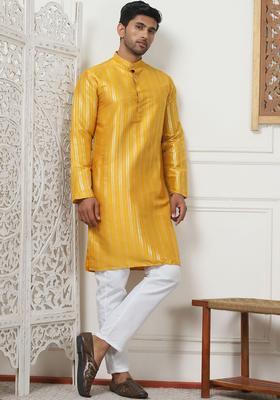 Yellow Striped Cotton Kurta Set For Men