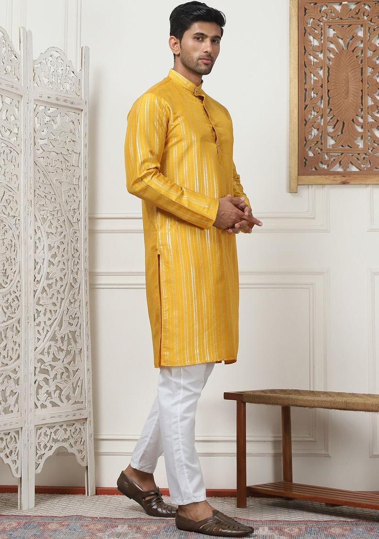 Yellow Striped Cotton Kurta Set For Men - Indya