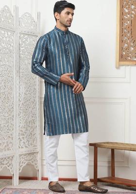 Blue Striped Cotton Kurta Set For Men