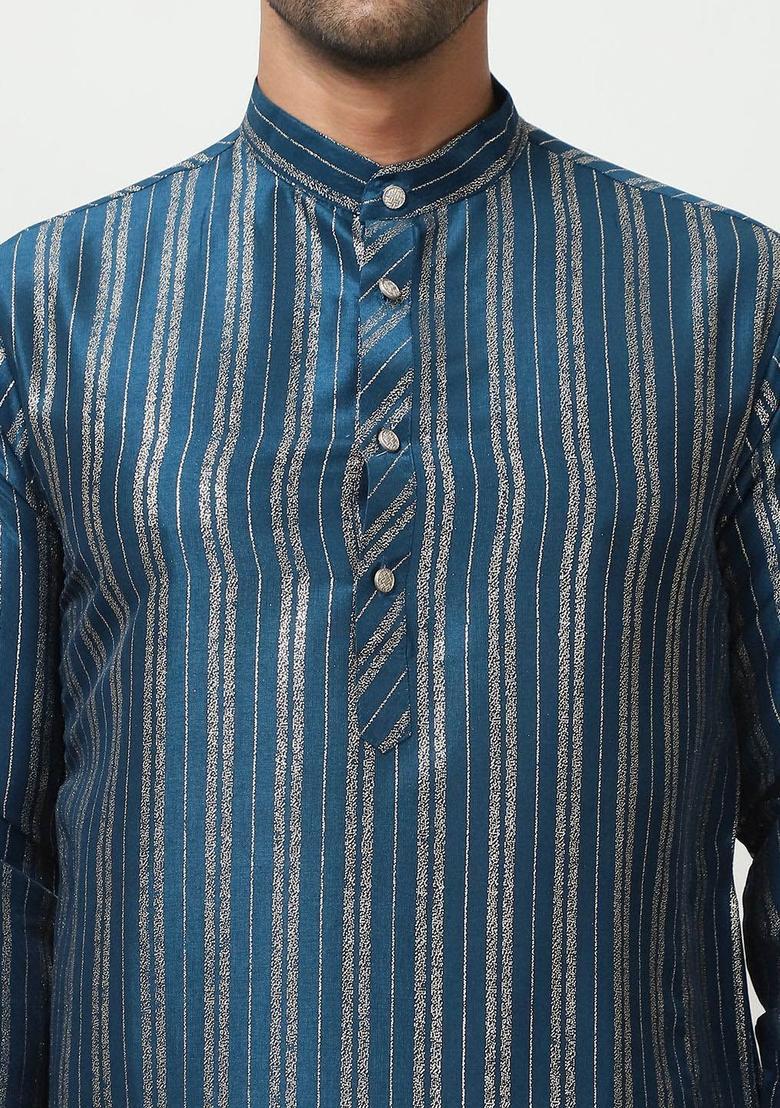 Blue Striped Cotton Kurta Set For Men - Indya