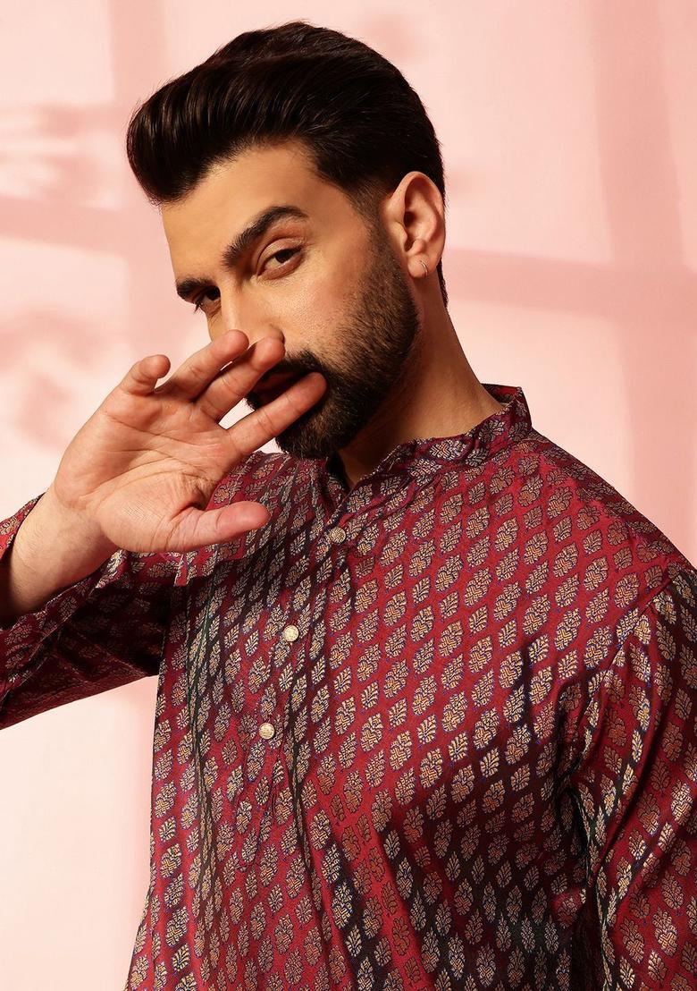 Maroon Woven Design Silk Kurta Set For Men - Indya