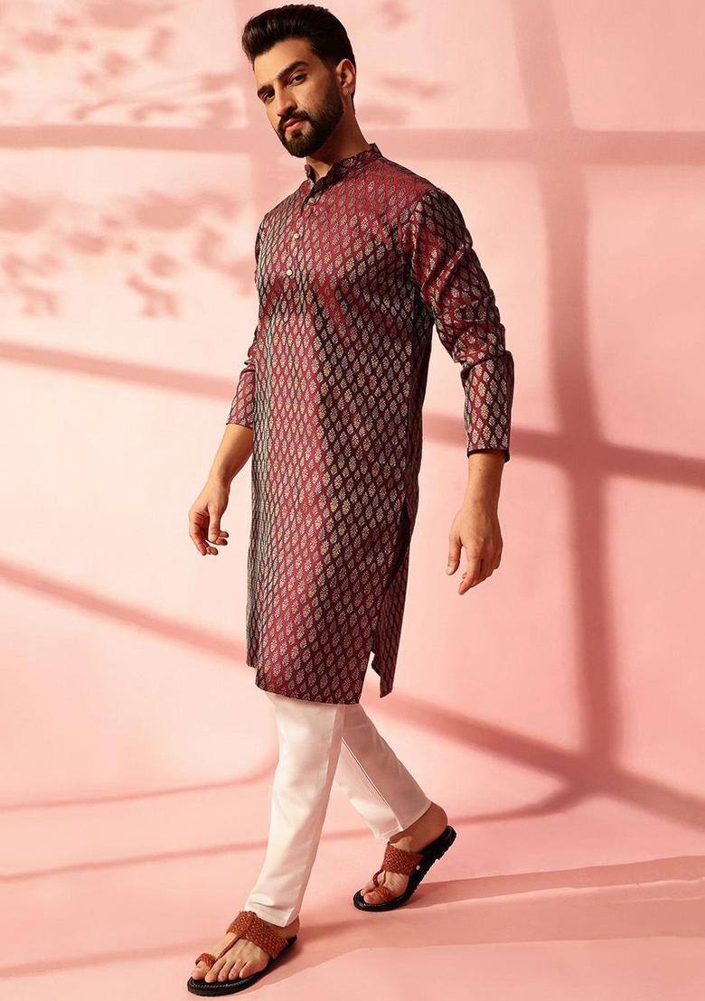 Maroon Woven Design Silk Kurta Set For Men - Indya