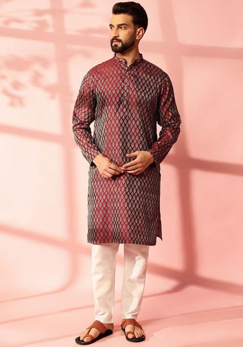 Maroon Woven Design Silk Kurta Set For Men