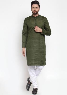 Olive Self Design Cotton Kurta Set For Men