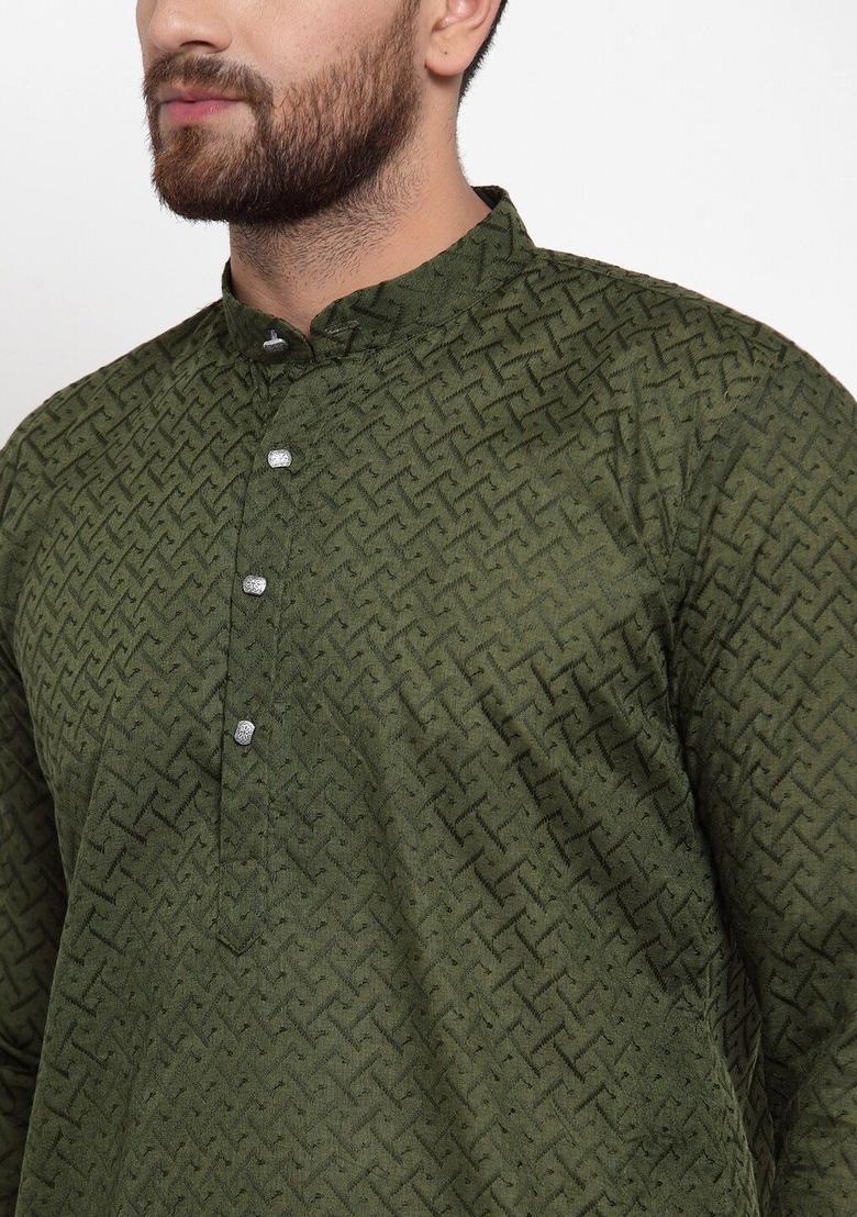 Olive Self Design Cotton Kurta Set For Men - Indya