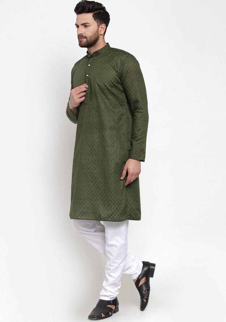 Olive Self Design Cotton Kurta Set For Men - Indya